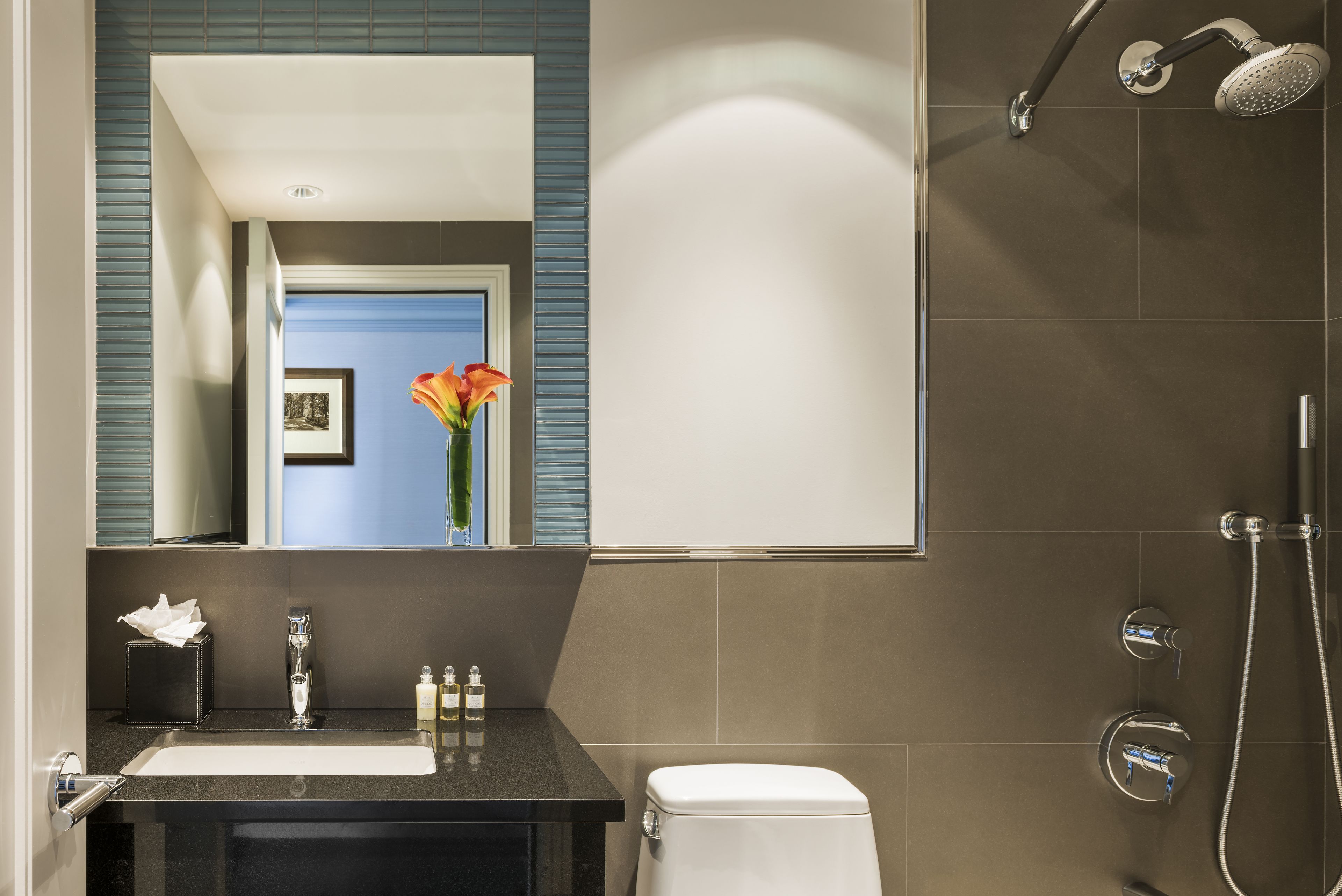 eco-friendly toiletries, hair dryer, towels