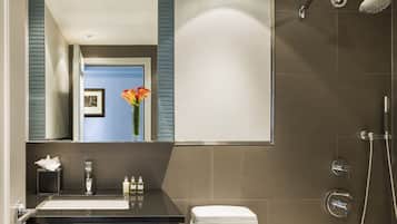 Eco-friendly toiletries, hair dryer, towels