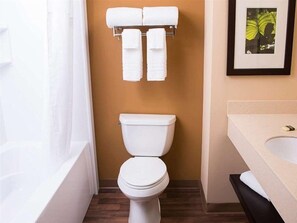 Combined shower/tub, free toiletries, hair dryer, towels