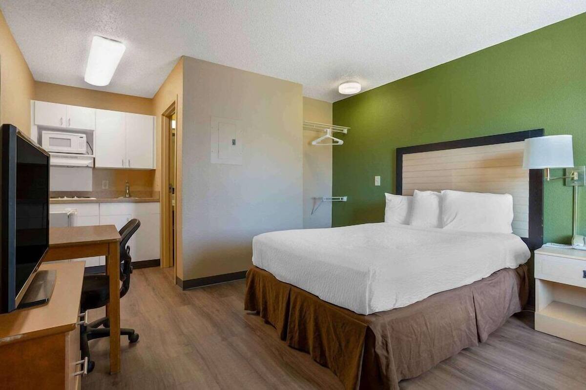 A hotel room with a bed, desk, TV, kitchenette, and a green accent wall.