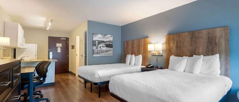 Studio, 2 Double Beds, Non Smoking | Desk, laptop workspace, blackout drapes, iron/ironing board