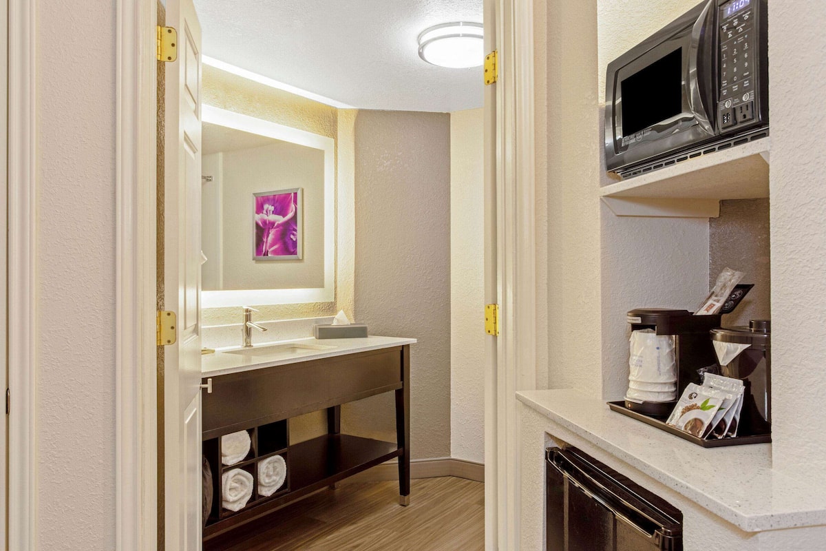 combined shower/bathtub, free toiletries, hair dryer, towels