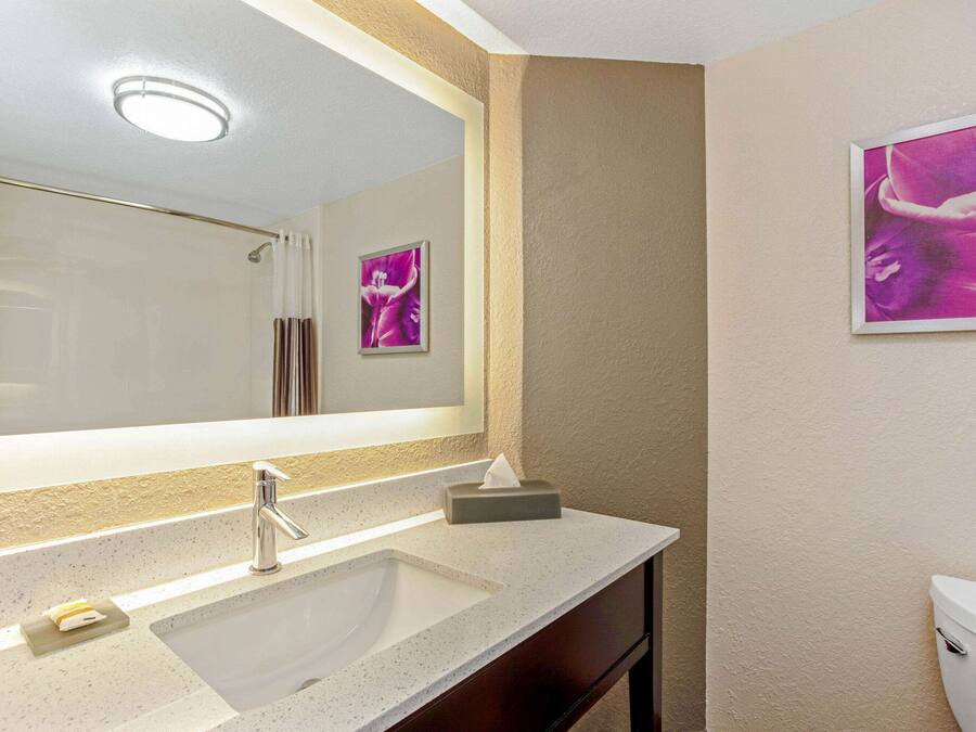 A bathroom with a large mirror, a sink, a toilet, and a framed artwork on the wall.
