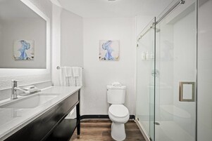 Et moderne badeværelse med et glasbadeværelsesafskærmning, en hvid vask med et stort spejl og to vægmonterede toiletter.