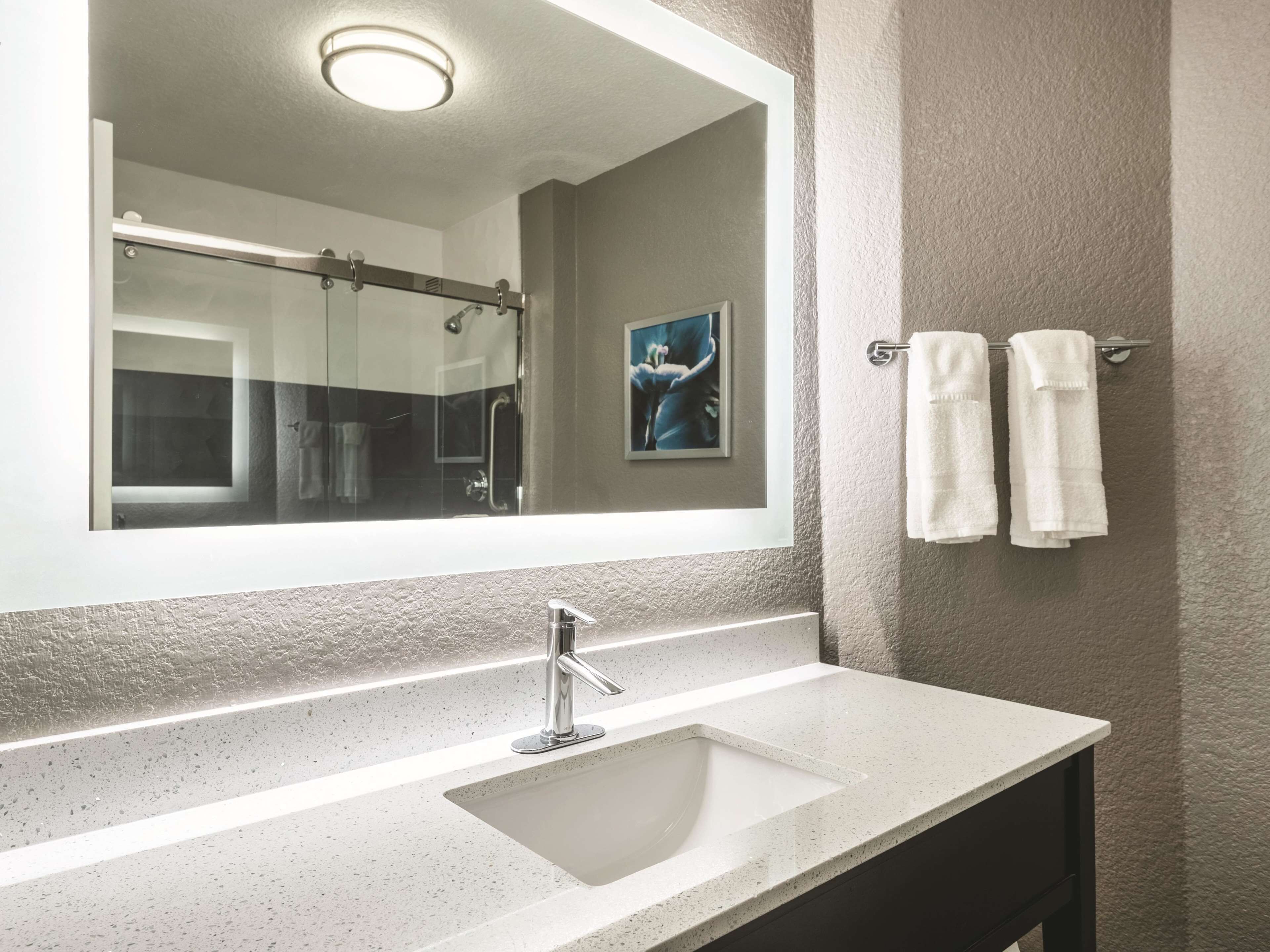 combined shower/bathtub, free toiletries, hair dryer, towels