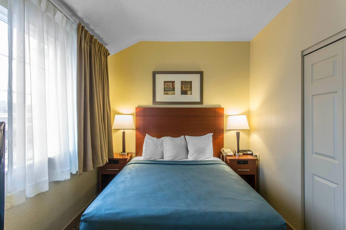 Una habitación de hotel con una cama, dos mesitas de noche, una lámpara de noche y un cuadro enmarcado sobre la cama, además de una puerta.