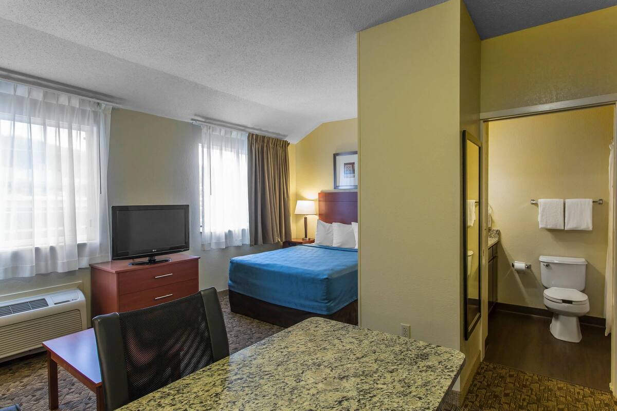 Una habitación de hotel con cama, escritorio, televisión y baño con inodoro y ducha.