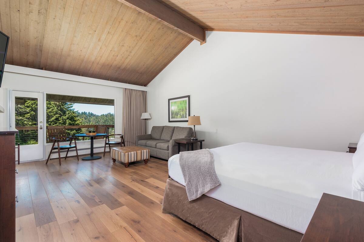 Une chambre avec un grand lit, un canapé, une petite table et une chaise. Il y a un balcon avec vue sur les arbres.