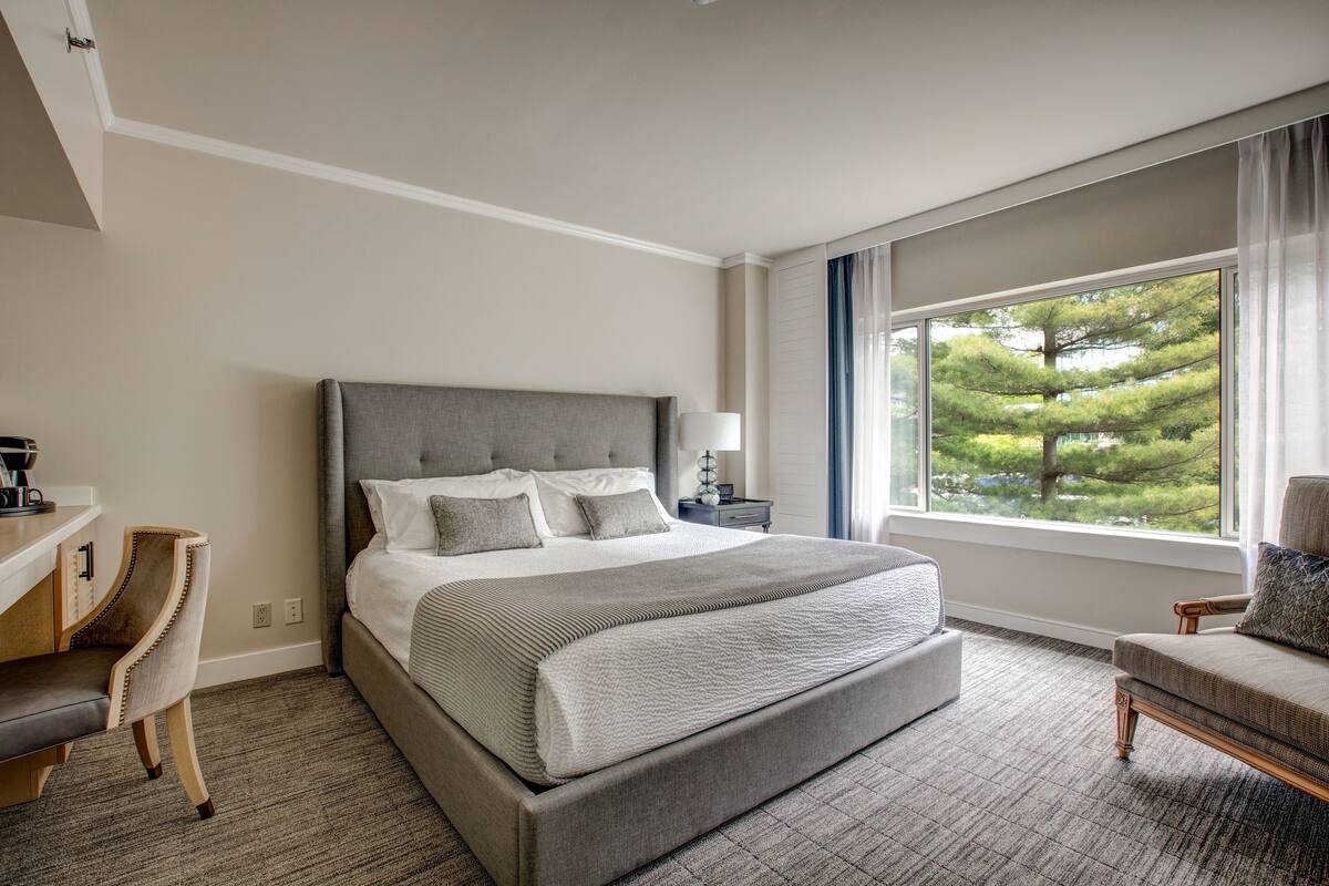Habitación de hotel con una cama grande, un escritorio, una silla y una ventana que da a árboles.