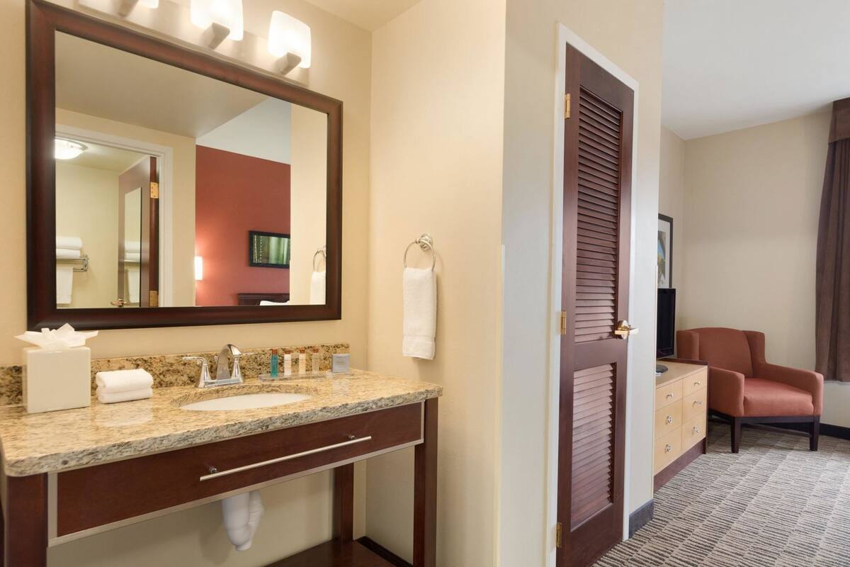 Un baño de hotel con lavamanos, espejo, toallero y una puerta que da a una habitación.