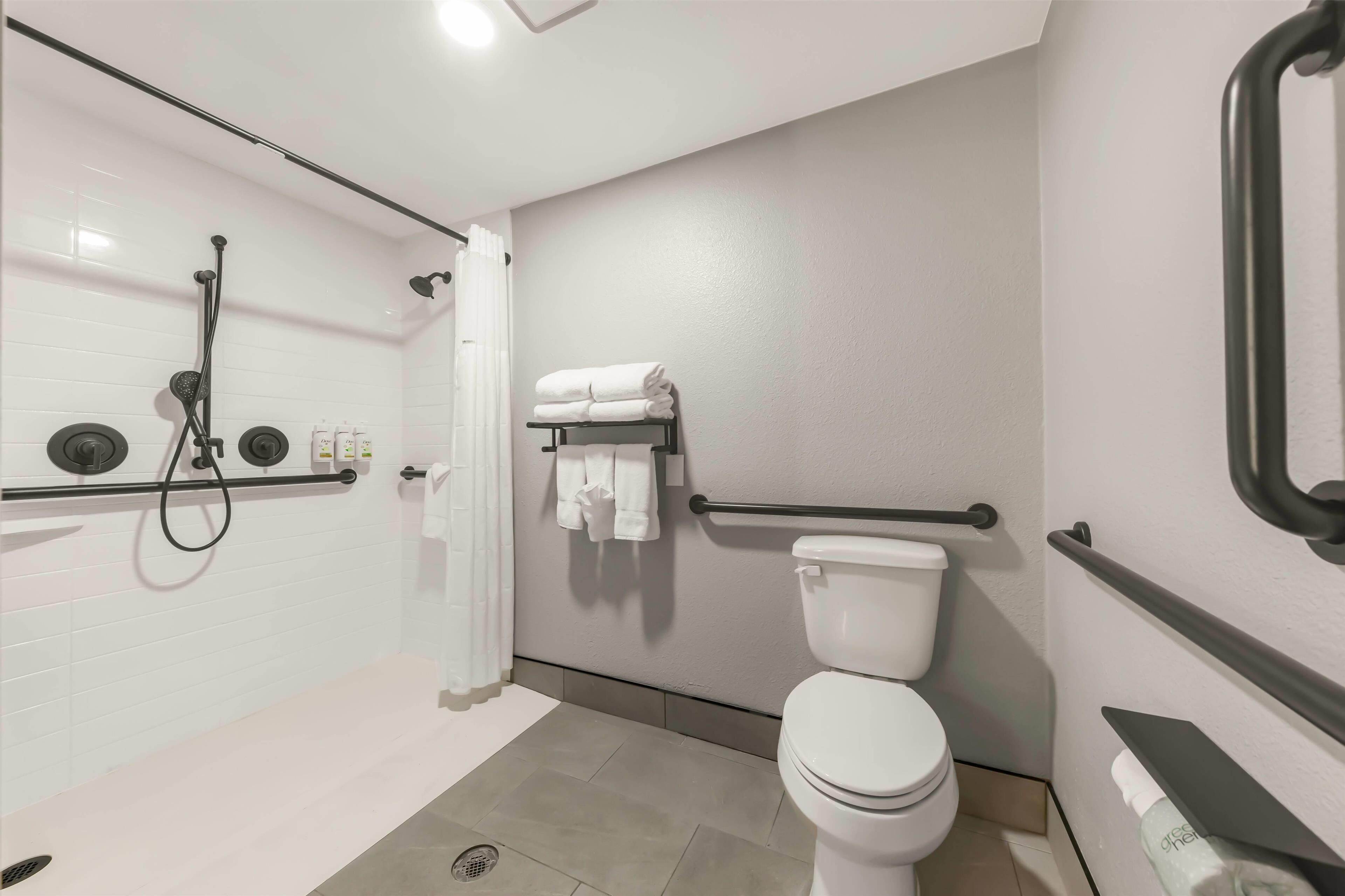 A modern bathroom with a shower, toilet, and handrails.