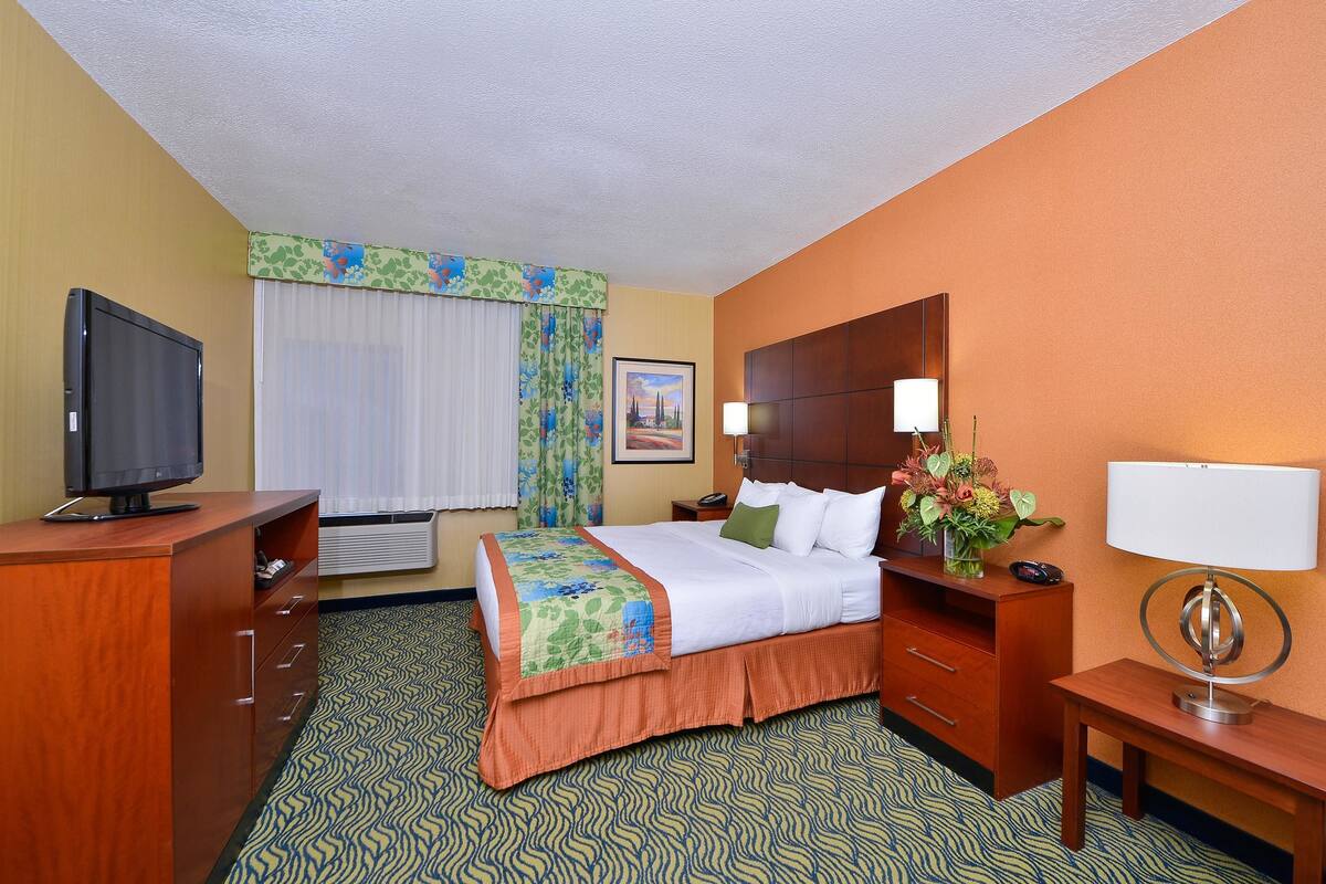 A hotel room with a bed, a desk, a TV, a lamp, a picture on the wall, and a window with curtains.