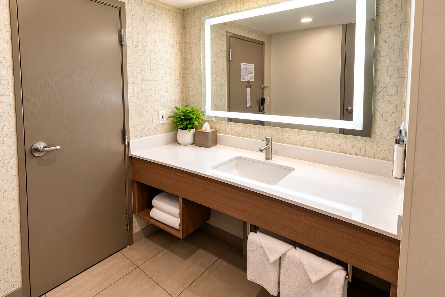 Un baño moderno con un espejo grande, un lavamanos, un perchero para toallas y una planta en maceta.