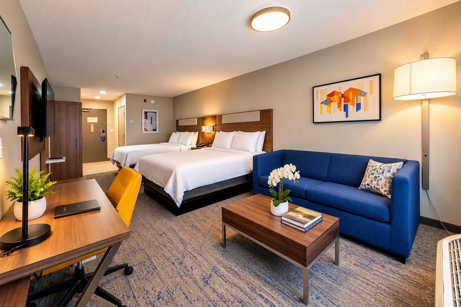 Une chambre d’hôtel avec deux lits, un canapé, un bureau avec une lampe et une télévision.