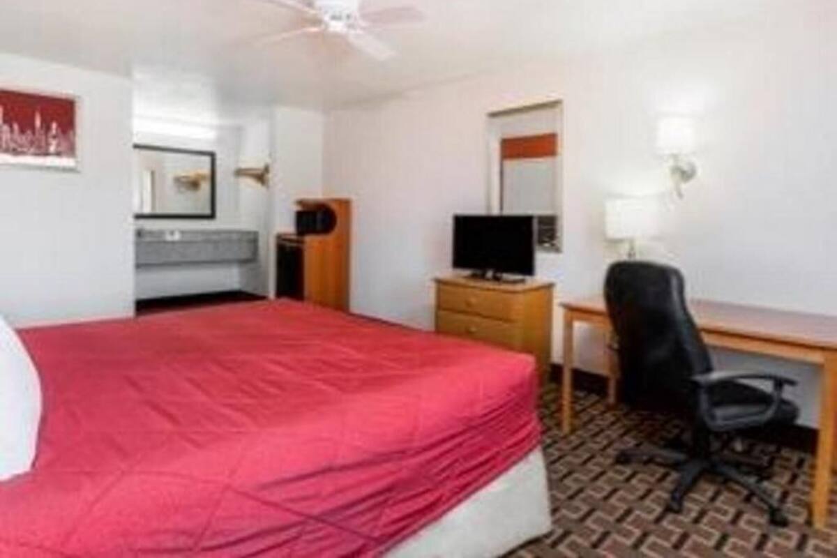 A hotel room with a bed, a desk, a chair, a television, and a ceiling fan.