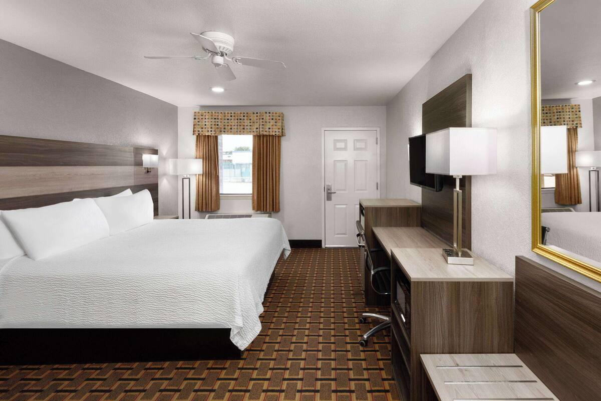 A hotel room with a large bed, a desk, a TV, and a ceiling fan.