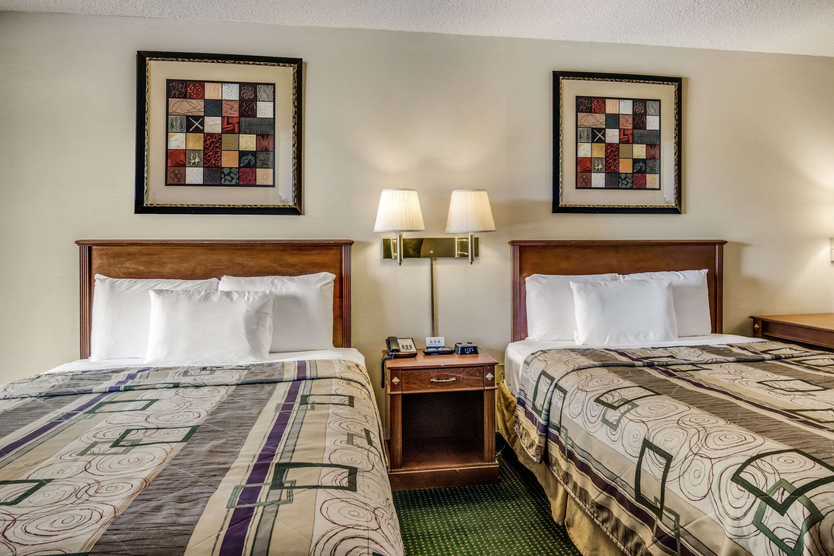 Una habitación de hotel con dos camas, cada una con una colcha estampada, una mesita de noche con lámpara, y dos colchas enmarcadas en la pared.