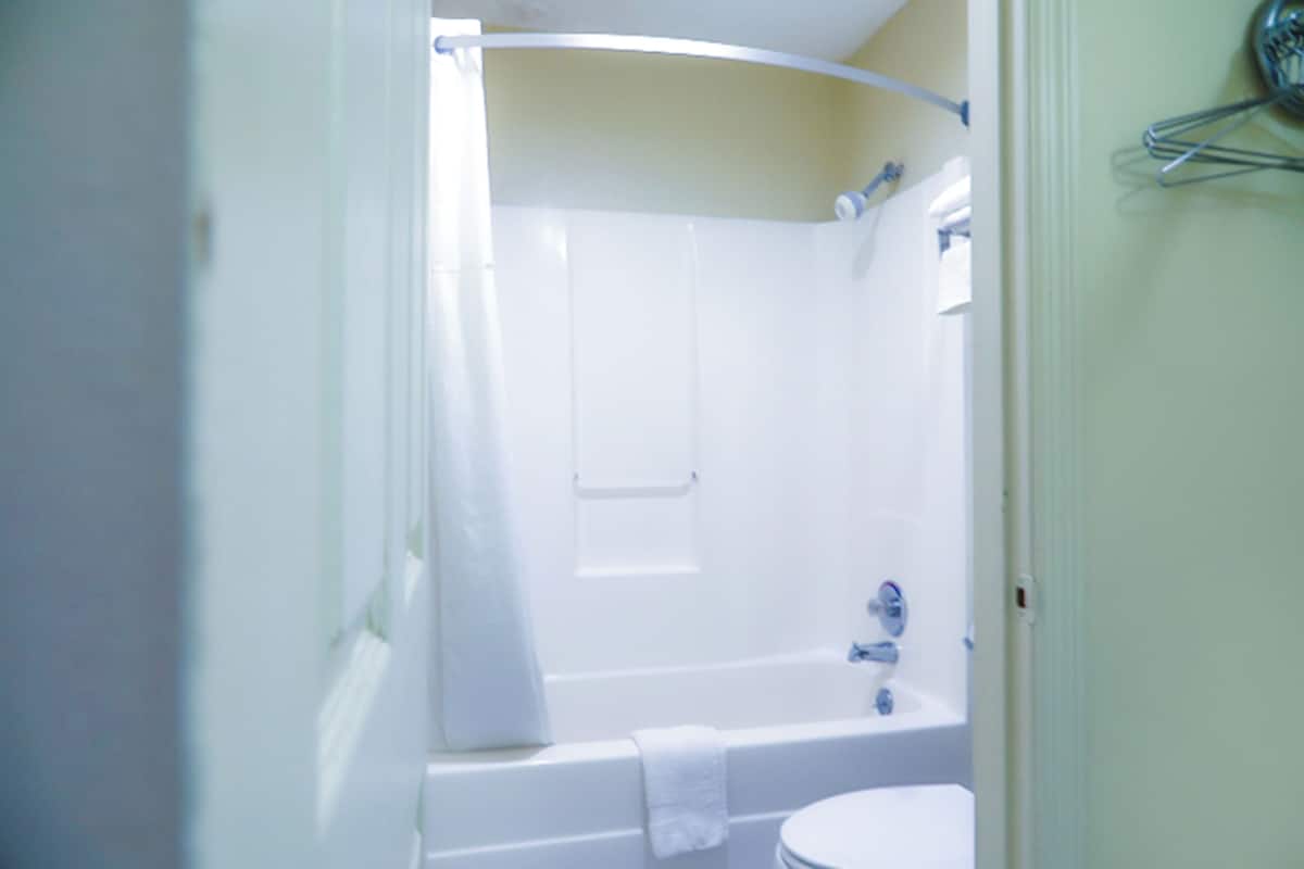Un baño con bañera, inodoro y cortina de ducha.