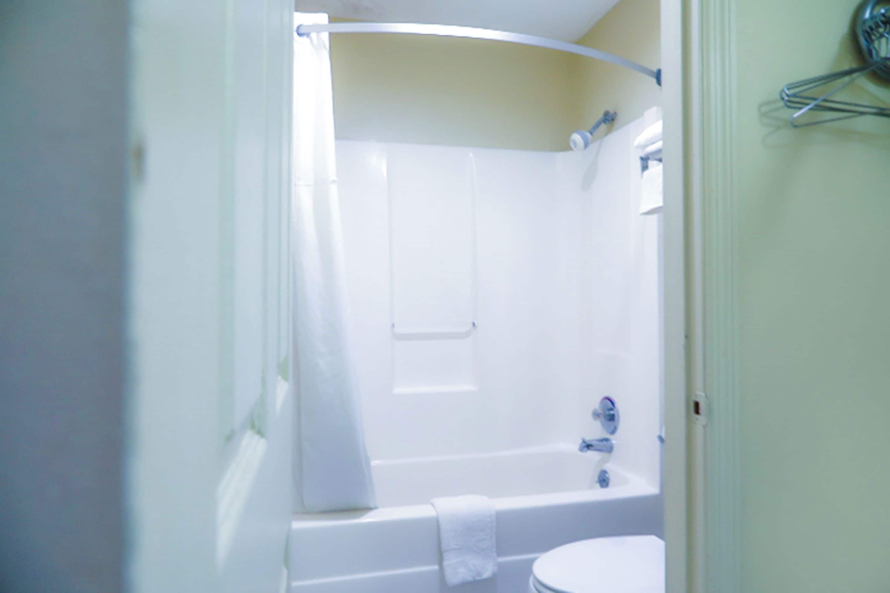 Een badkamer met een badkuip, toilet en douchegordijn.