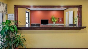 Zona de recepción con mostrador de registro, televisor y plantas en macetas.