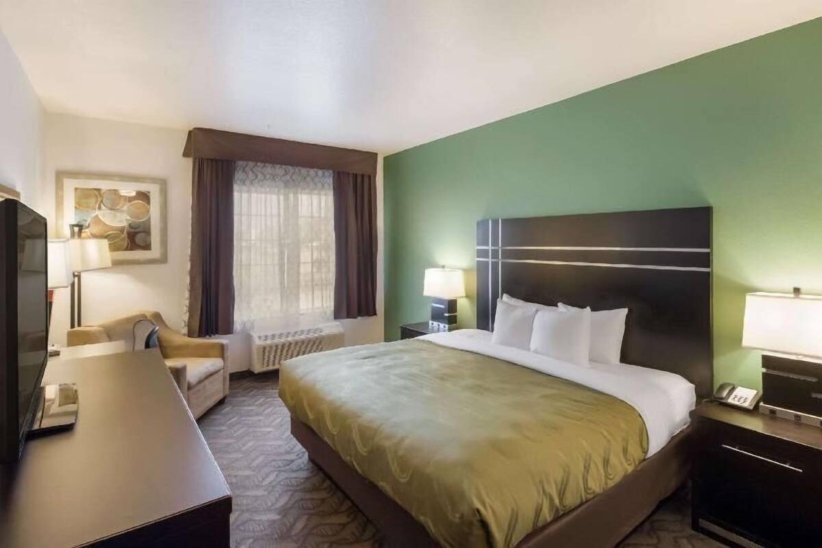 Une chambre d’hôtel avec un lit, un bureau, une chaise, une télévision, une lampe et un tableau au mur.