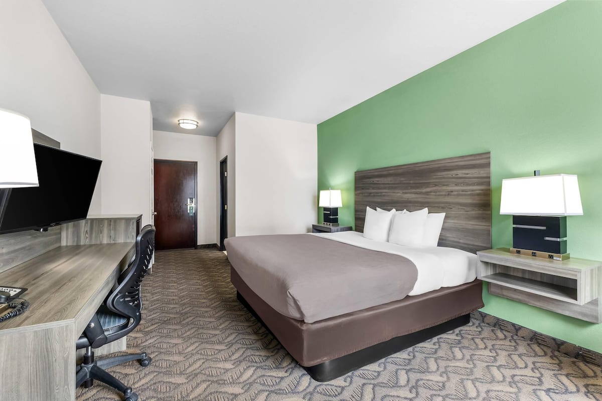 Une chambre d’hôtel équipée d’un lit, d’un bureau, d’une chaise, d’une télévision et de lampes.