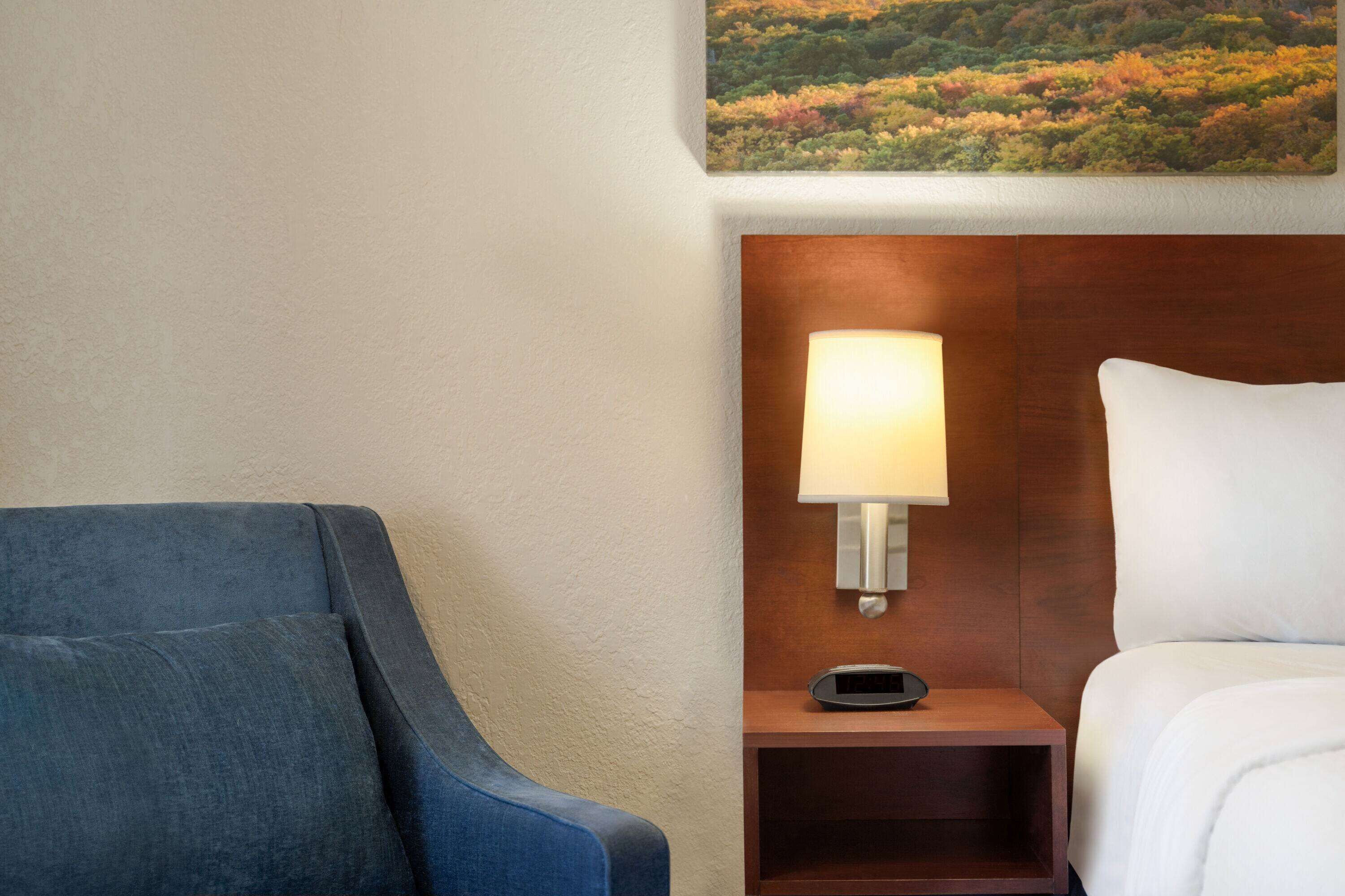 Una habitación de hotel con un sillón azul, una mesita de noche con lámpara y un cuadro de un paisaje forestal en la pared.