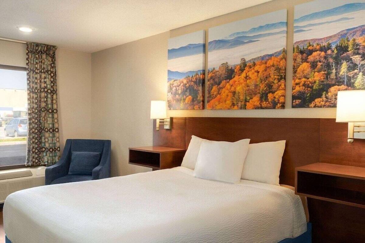 A hotel room with a large bed, a chair, a painting of autumn foliage, and a window with curtains.