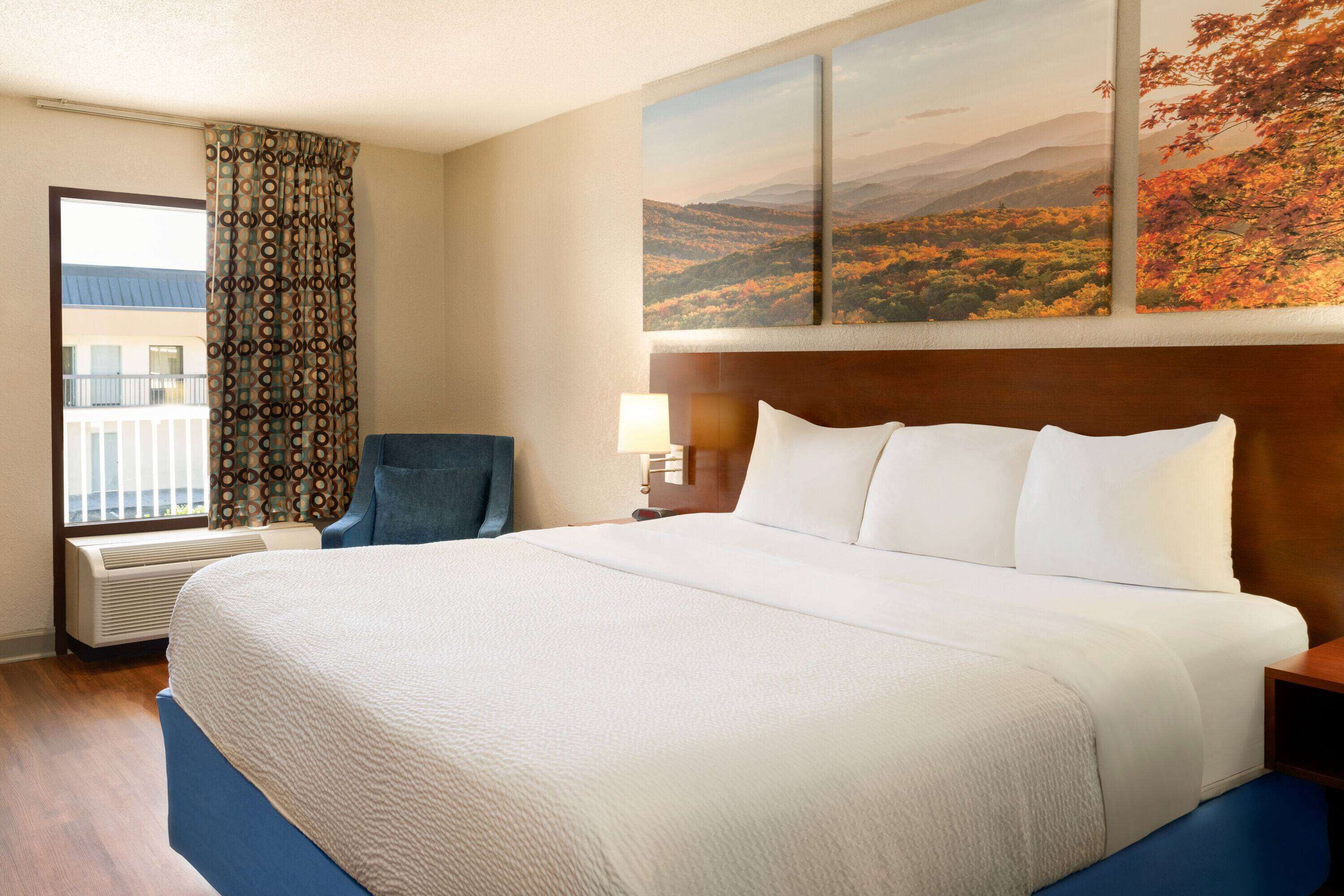 Habitació d'hotel amb un llit gran, una cadira, una finestra amb cortines i una paret amb dos quadres de paisatges.