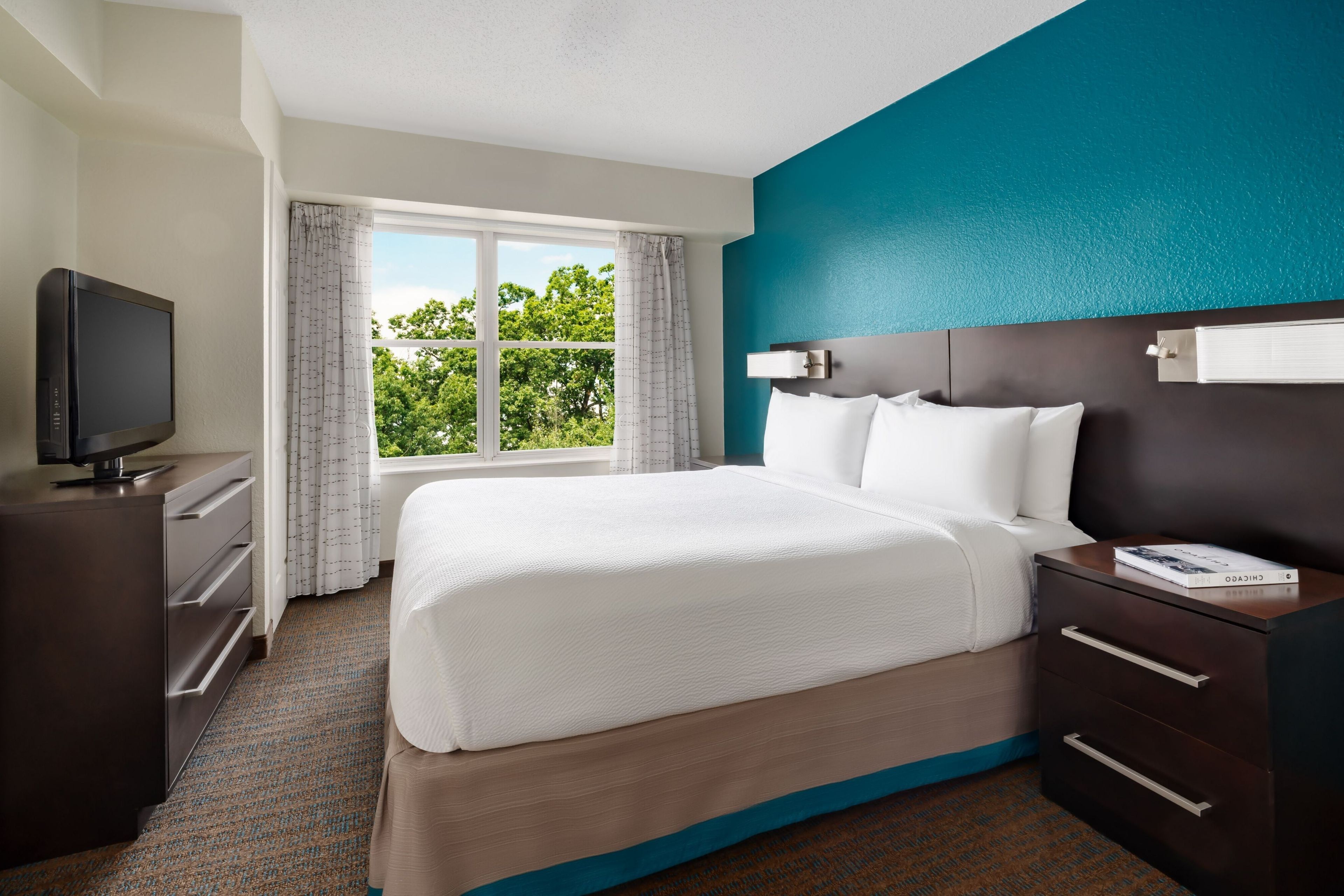 A hotel room with a large bed, a television on a dresser, and a view of trees through the window.