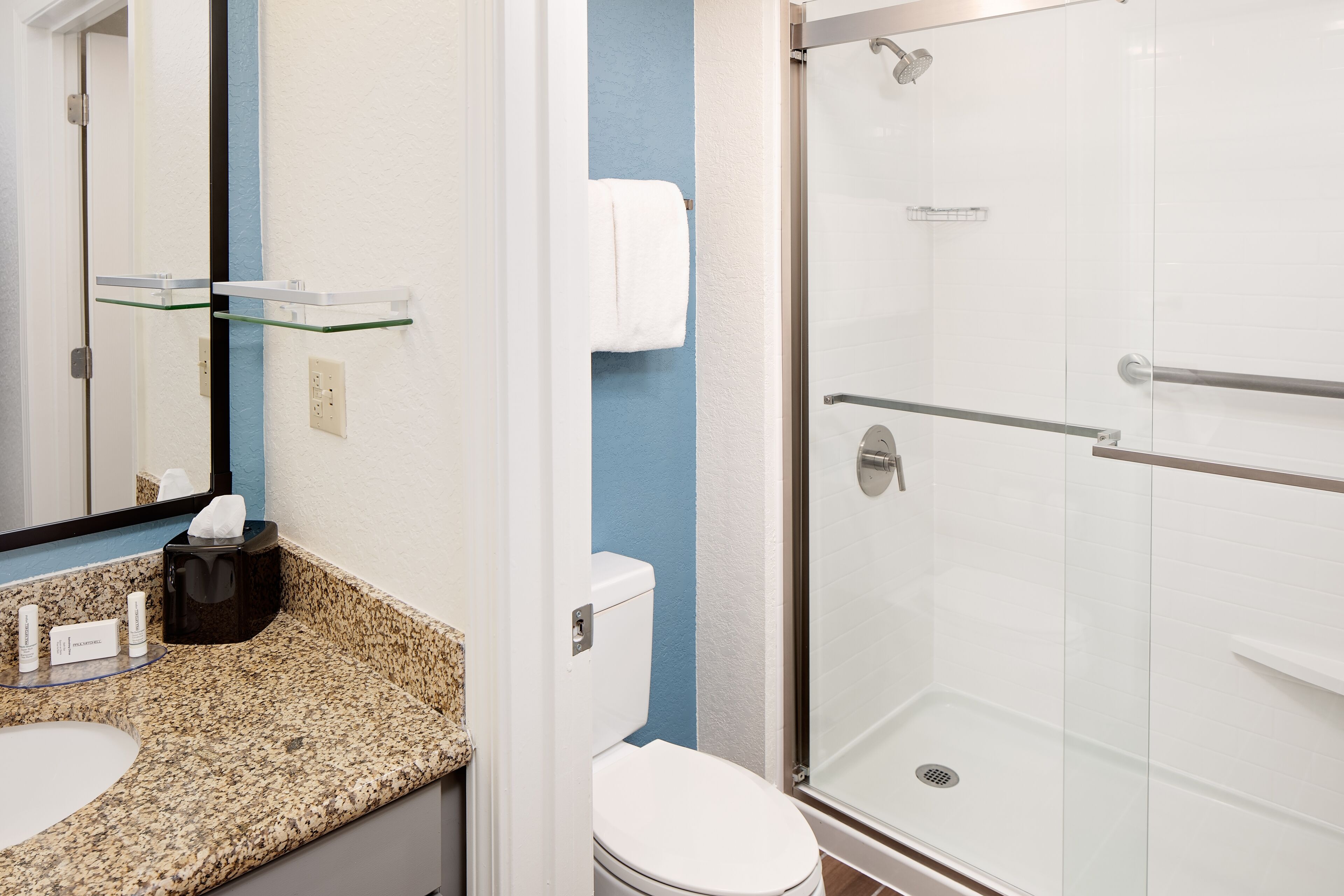 combined shower/bathtub, free toiletries, hair dryer, towels