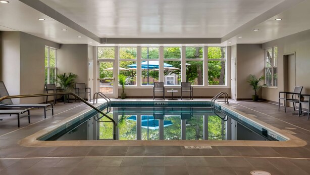 An indoor swimming pool with clear views of the outdoors, surrounded by seating areas and potted plants.
