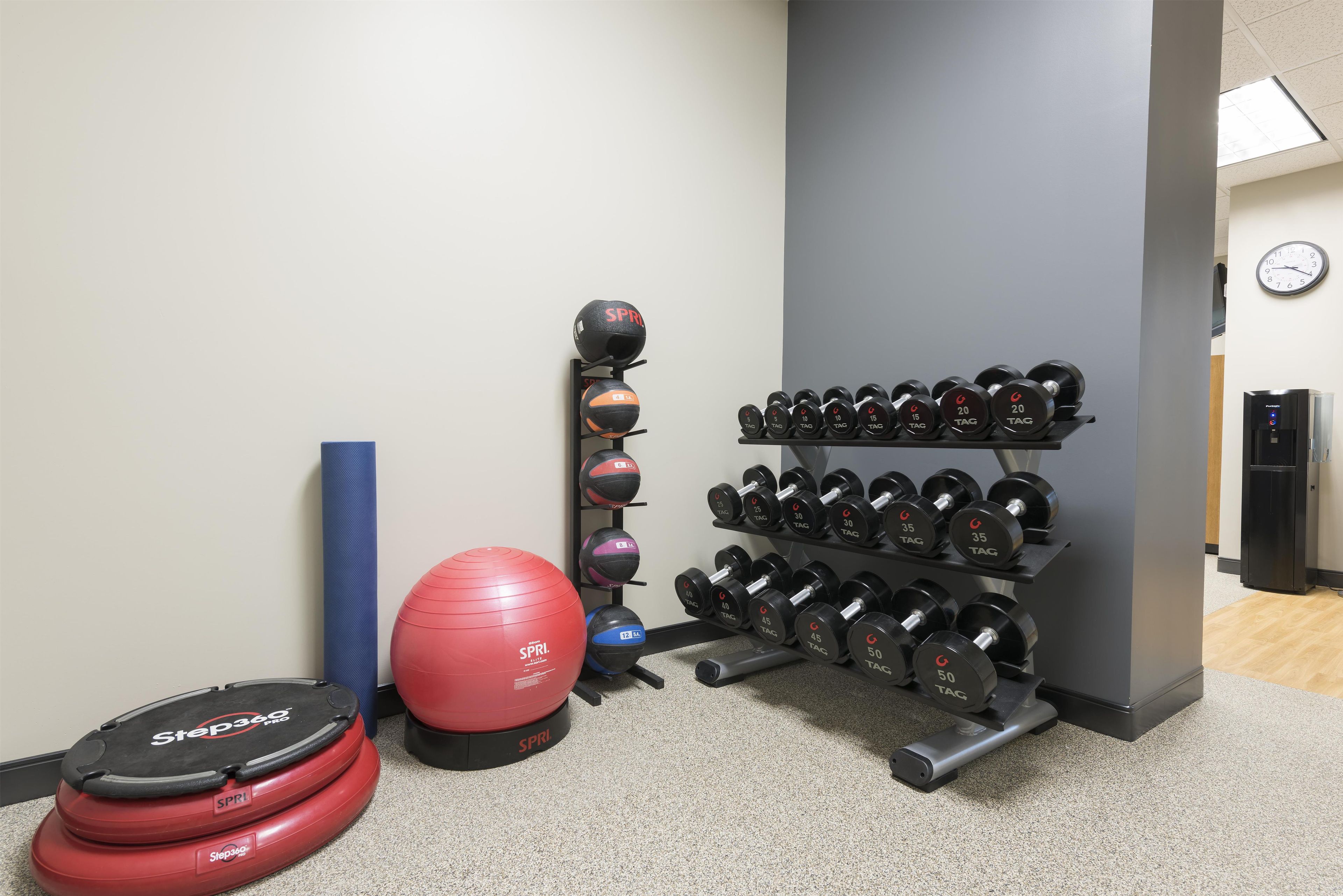 A home gym with a variety of exercise equipment including dumbbells, a medicine ball, and a step platform.