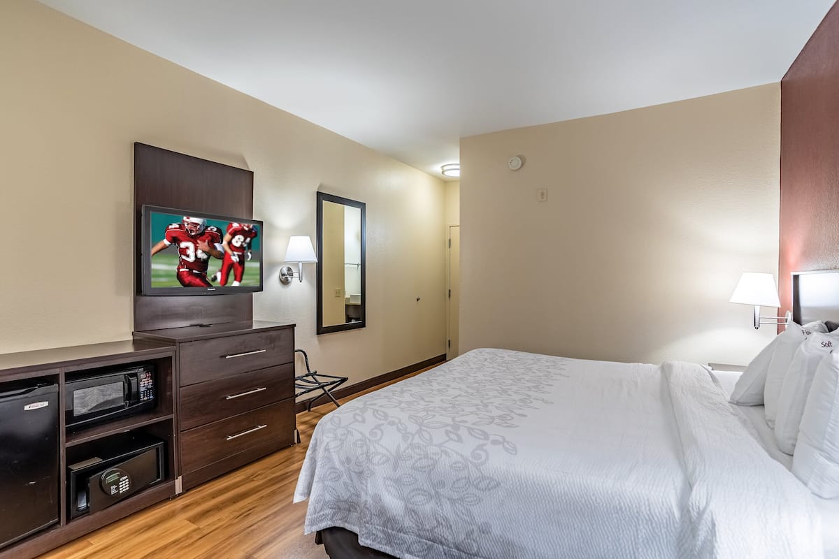A hotel room with a bed, a TV, a desk with a microwave, and a mirror.