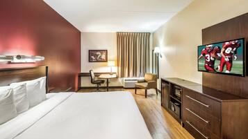 Desk, laptop workspace, blackout curtains, free WiFi