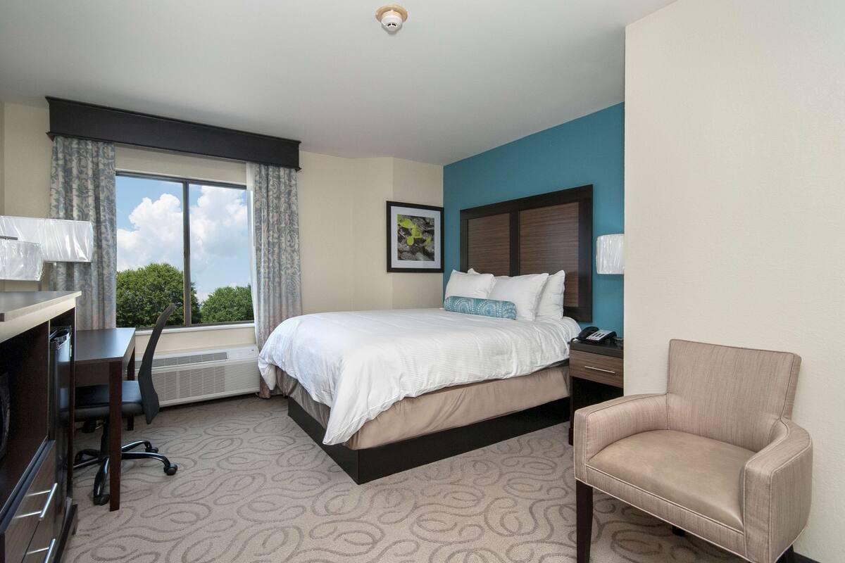 A hotel room with a bed, a desk, a chair, a window with curtains, a framed picture on the wall, and a ceiling light.