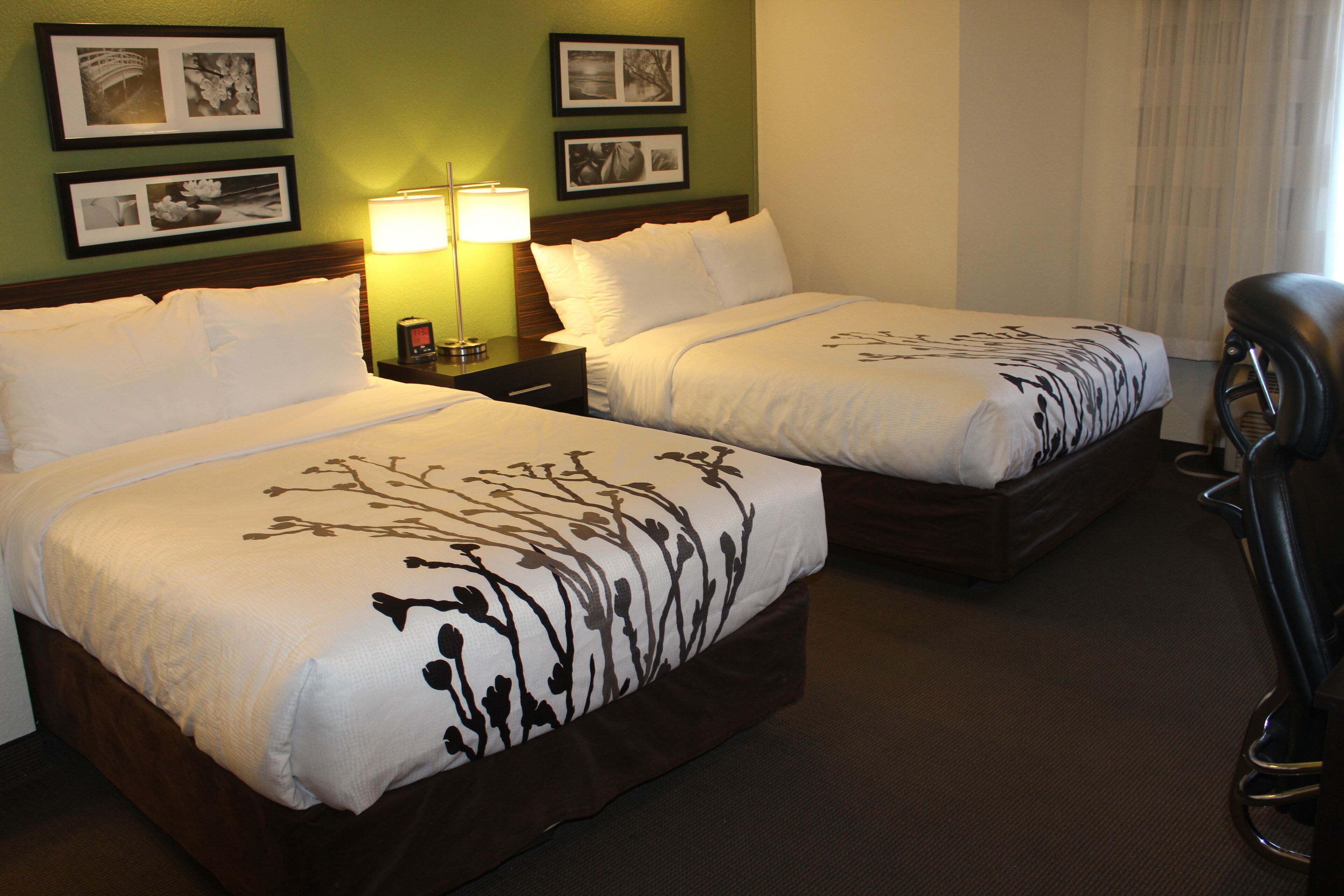 Una habitación de hotel con dos camas, una mesita de noche con lámpara y cuadros en la pared.