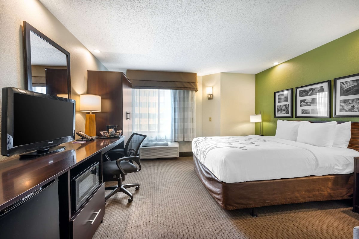 A hotel room with a bed, desk, TV, and a large window with curtains.