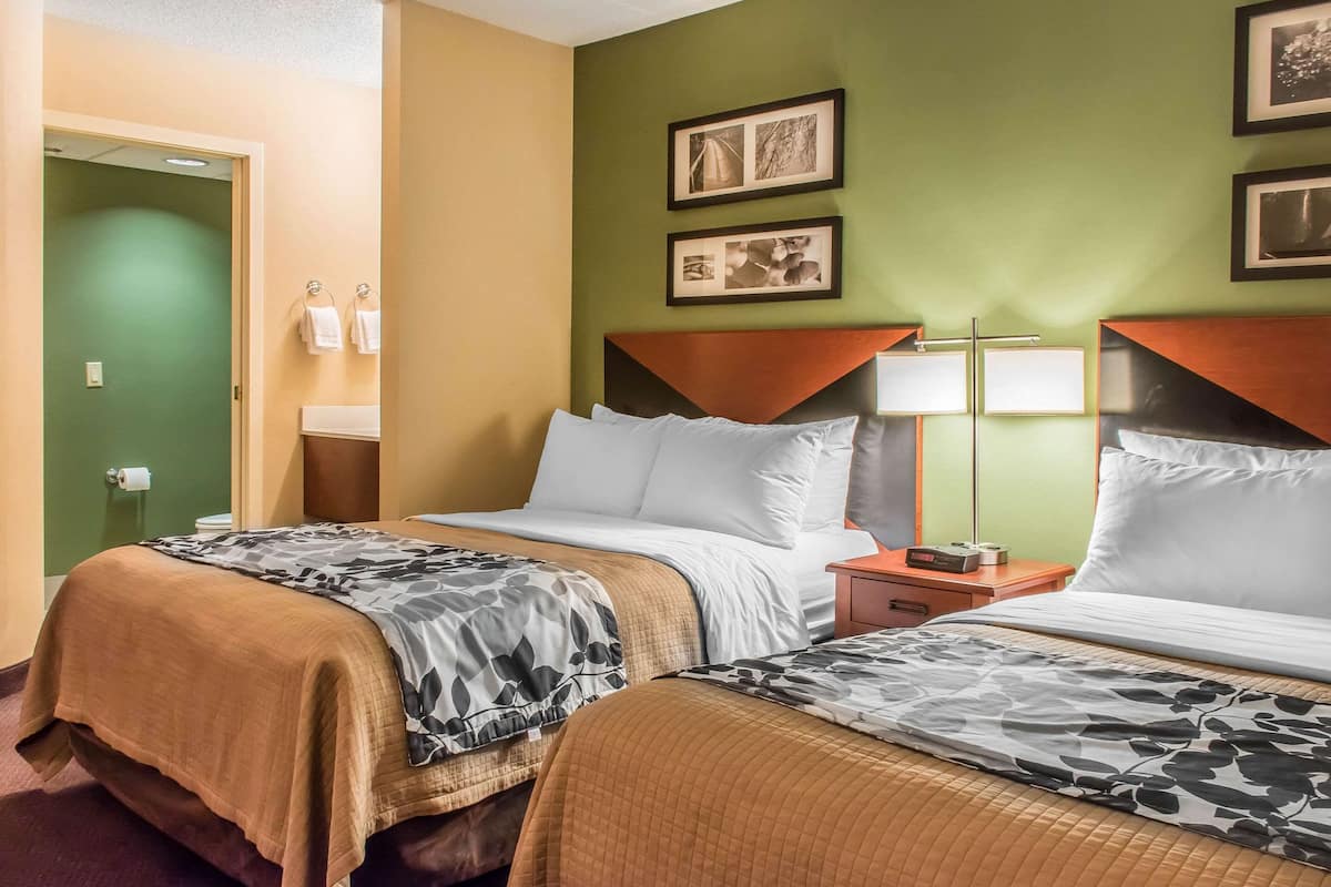 A hotel room with two beds, a green wall, framed pictures, and a nightstand with a lamp.