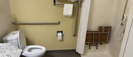 Een badkamer met toilet, wastafel, douche, handgrepen en een handdoekhouder.