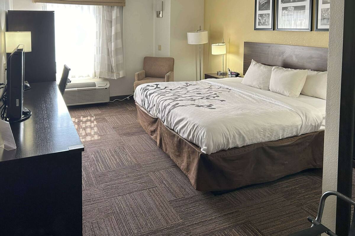A hotel room with a bed, a desk, a chair, a lamp, and a wall-mounted TV.