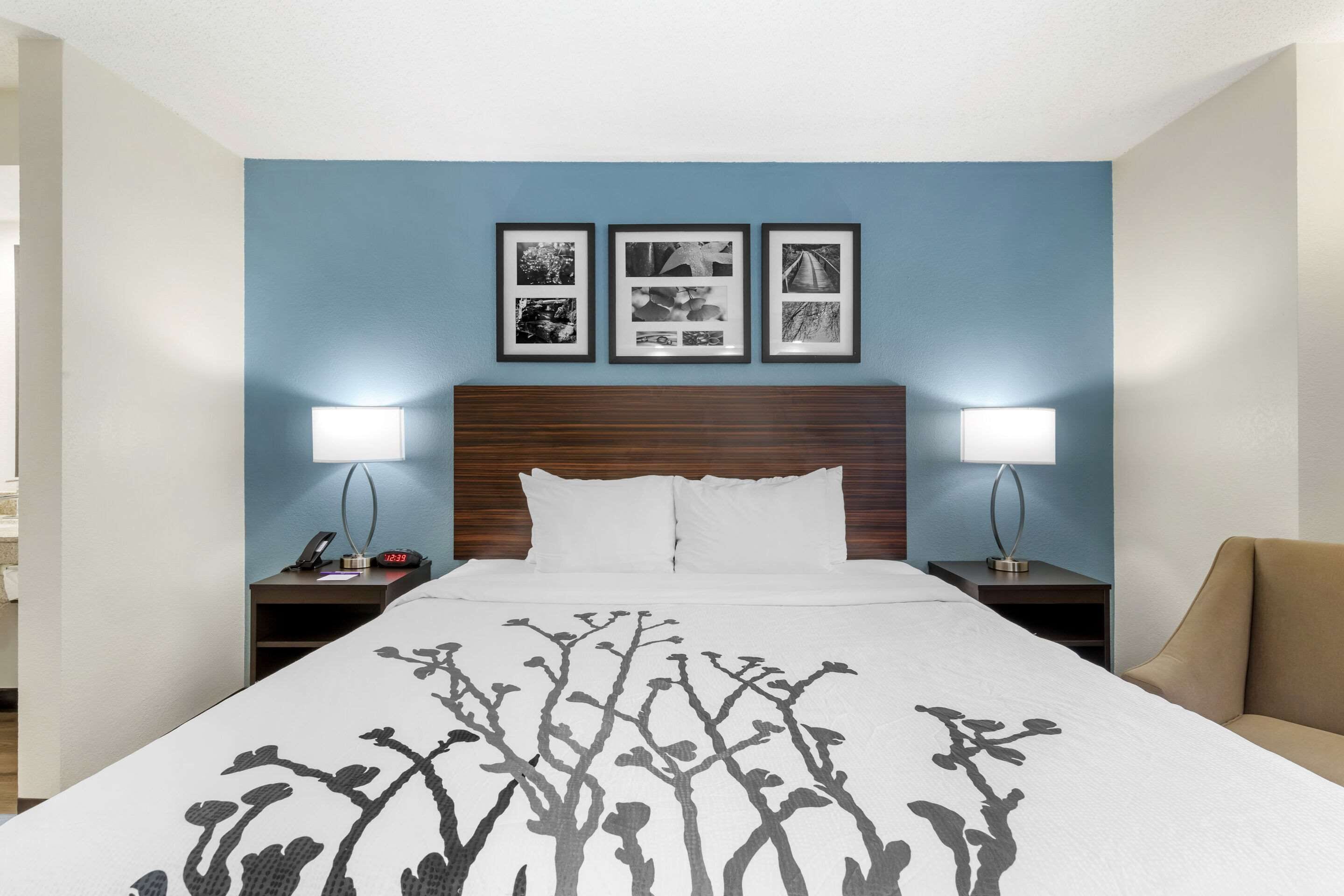 A hotel room with a large bed, two bedside tables with lamps, a wooden headboard, and three framed pictures on the wall.