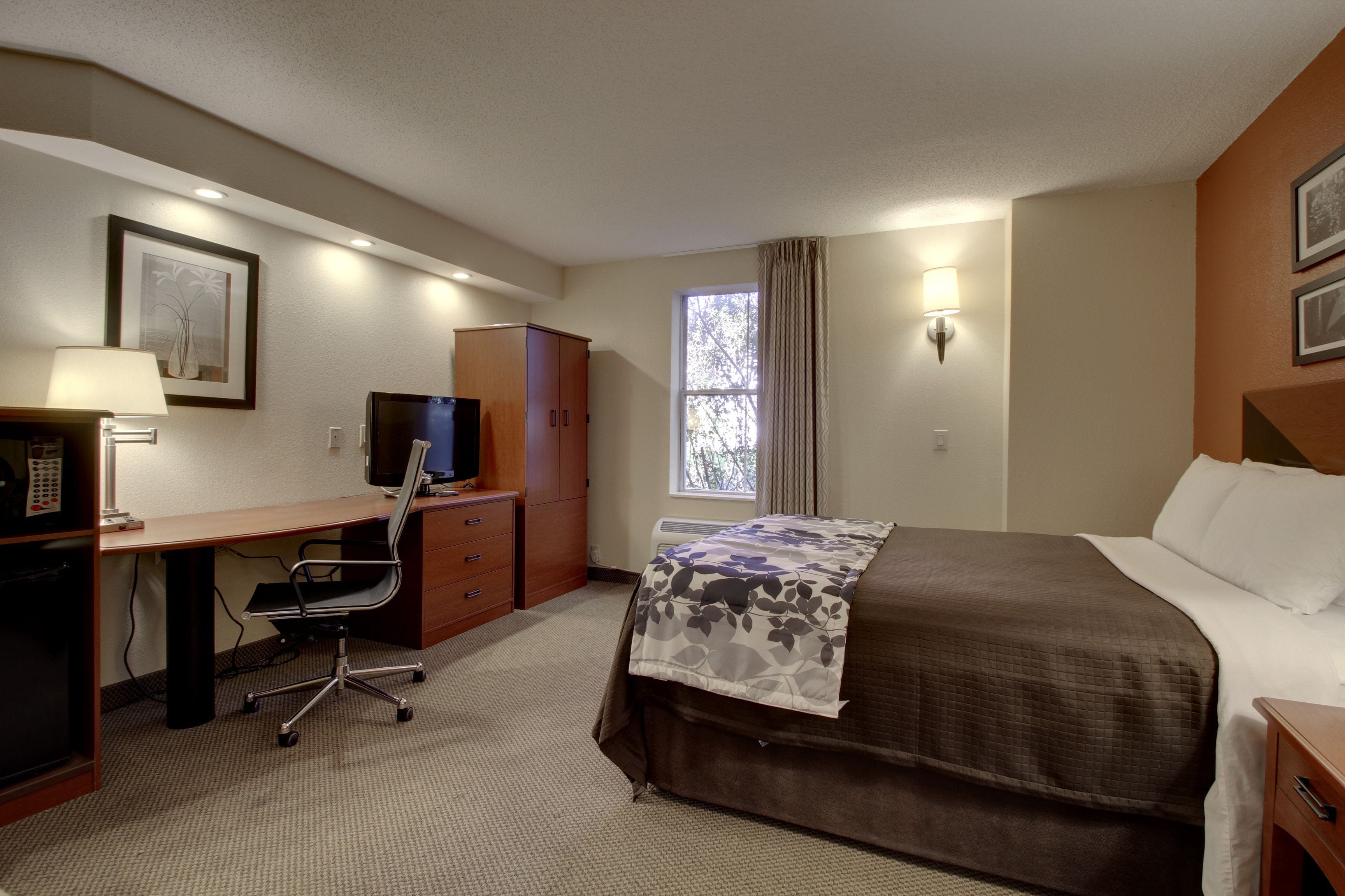 A hotel room with a bed, desk, chair, television, and a window with curtains.