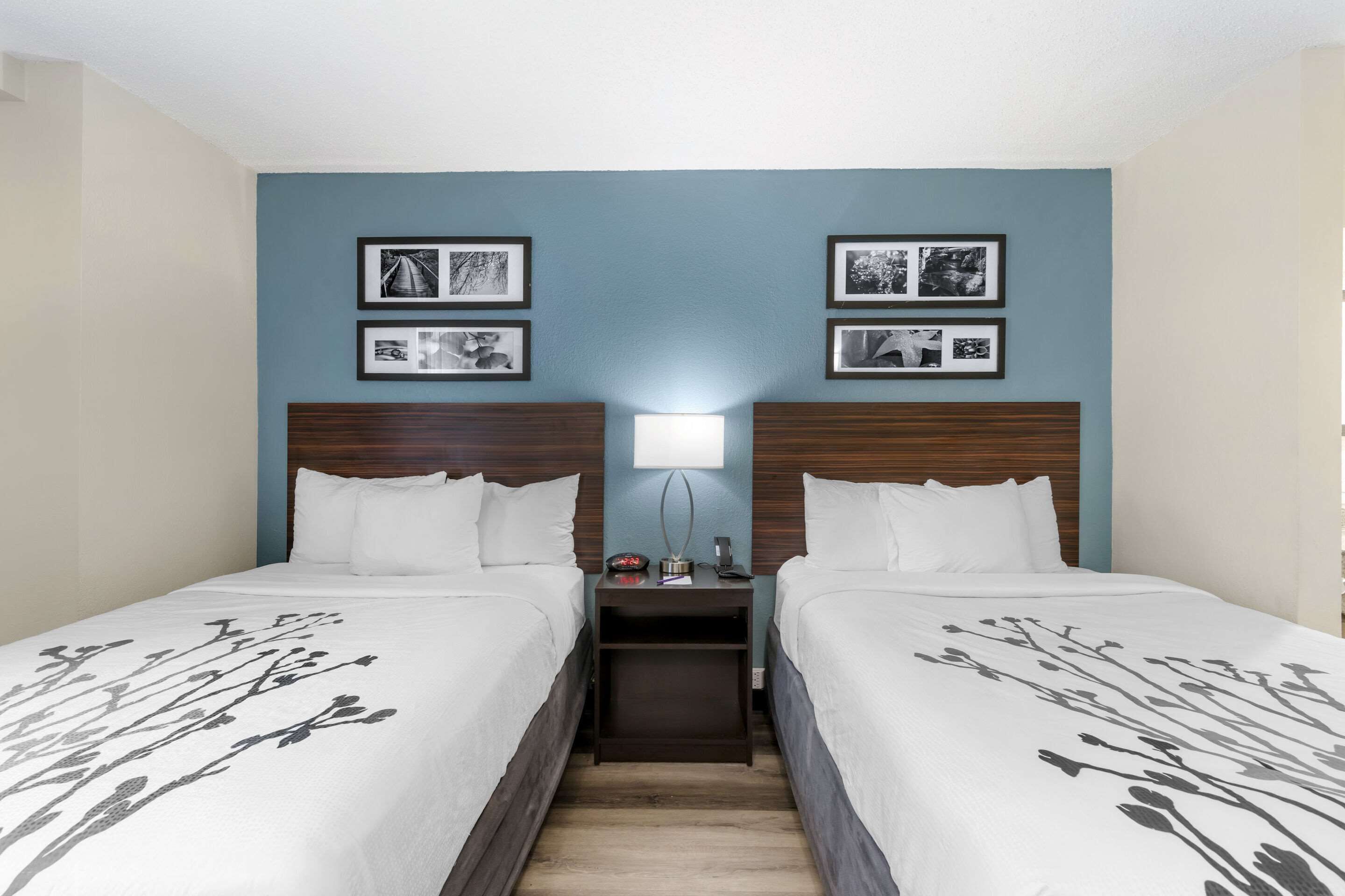 A hotel room with two beds, a nightstand, a lamp, and framed pictures on the wall.