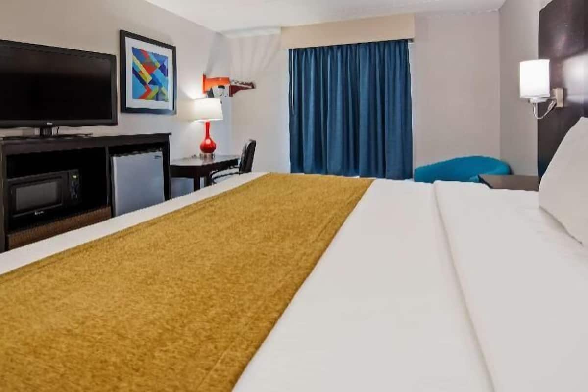 Une chambre d’hôtel avec un lit, un bureau, une télévision et une fenêtre avec des rideaux.
