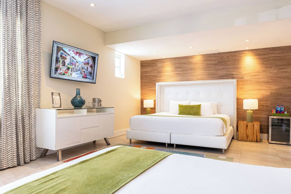 A modern hotel room with a large bed, a dresser, a TV, and a wooden accent wall.