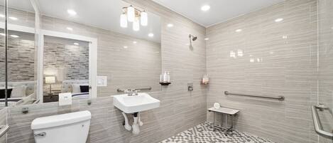 Accessible Standard Queen Room | Bathroom | Shower, designer toiletries, hair dryer, towels
