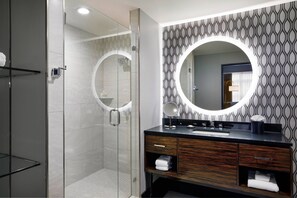 Rainfall showerhead, designer toiletries, hair dryer, bathrobes