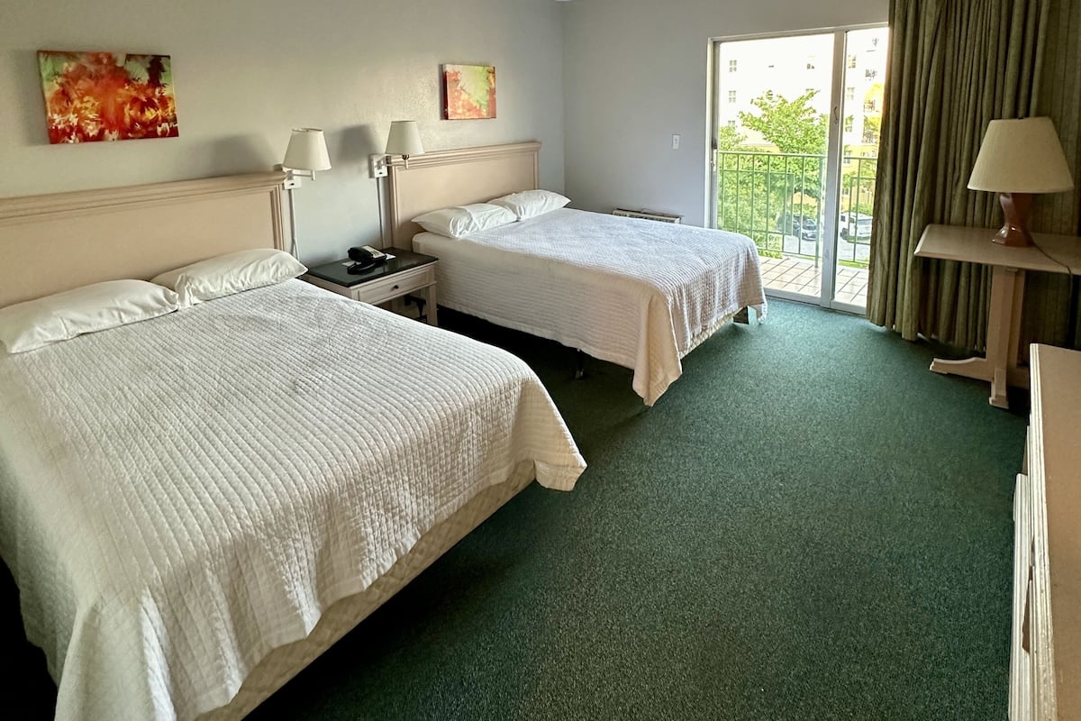 Ein Hotelzimmer mit zwei Betten, einem grünen Teppich, einem Fenster mit Vorhängen und Bildern an den Wänden.