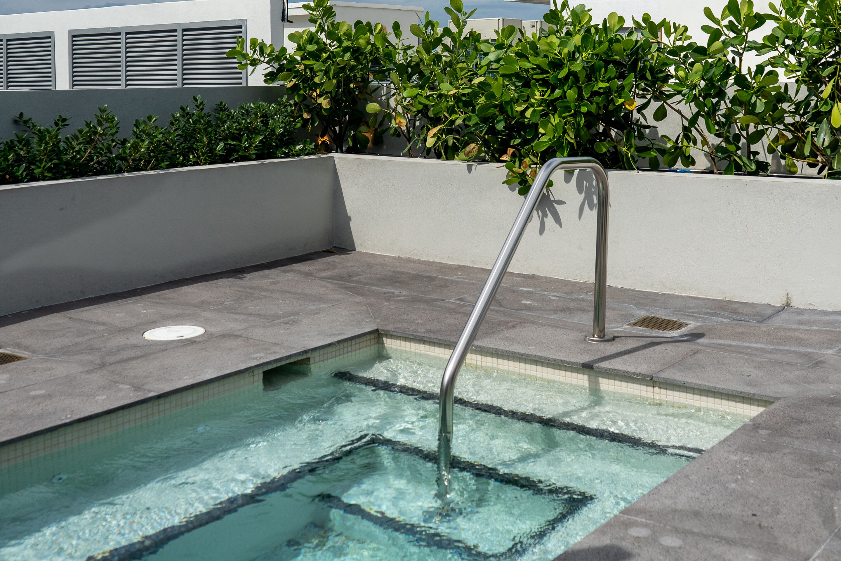 A swimming pool with a metal ladder, surrounded by a low wall and greenery.